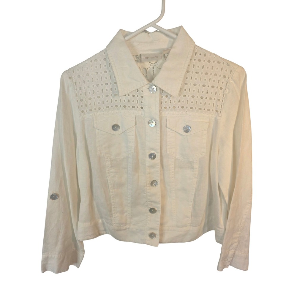 Chico's White Eyelet Lace Back Linen Blend Button Front Jacket Size 1 Medium